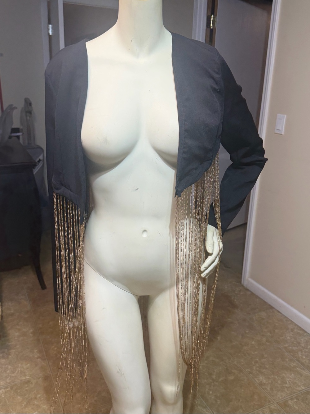 Black Cropped Jacket with Gold Chain Fringe